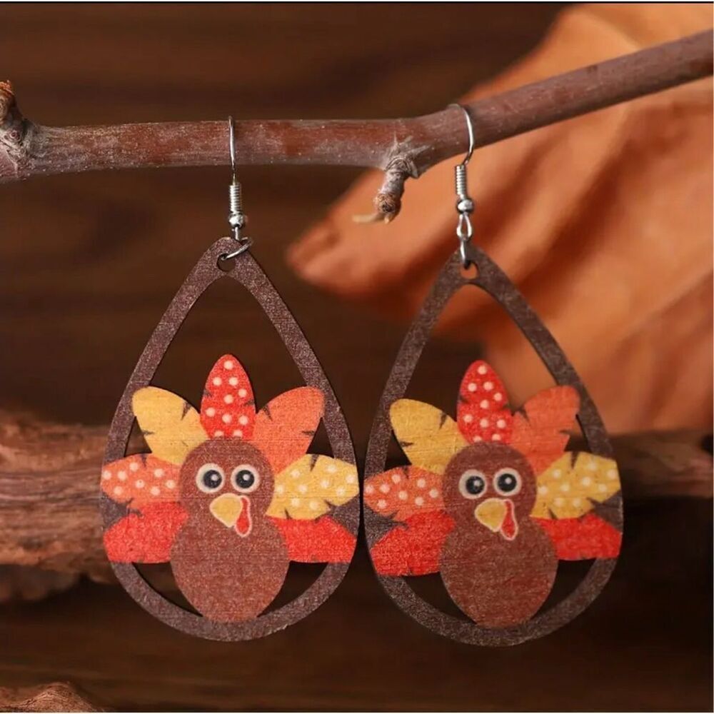 Thanksgiving Turkey Earrings Hollow Water Drop Dangle Wooden Jewelry Female Gift - Picture 1 of 8